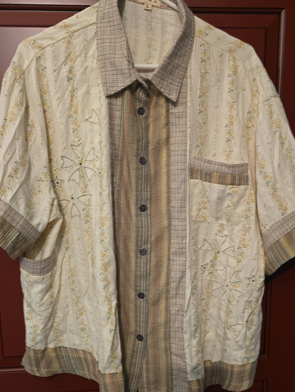 Pol Cream & Multicolor Short-Sleeve Patchwork Shirt Jacket Sz Lg